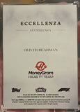 Back of the 2025 Topps Eccellenza F1 Oliver Bearman card showing the Eccellenza subset, MoneyGram Haas F1 Team, Topps RC logo and 2025 copyright