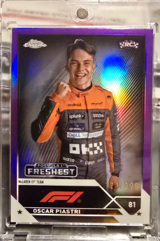 Topps Chrome F1 2023 Oscar Piastri RC ROOKIE Card (Freshest Rookies Insert Purple Refractor SP 121/399) Short Print RARE Card