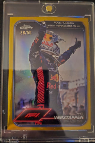 Topps Chrome 2024 Max Verstappen Pole Position Abu Dhabi GP 2023 GOLD Card #38/50 Short Print