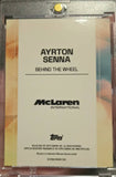 Back of the 2025 Topps McLaren Racing Ayrton Senna Behind the Wheel card showing the subset title, McLaren International and Topps 2026 copyright