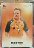 Front of the 2025 Topps McLaren Racing Zak Brown Orange parallel card, foil serial 20/25, McLaren Formula 1 Team, in a magnetic one-touch holder